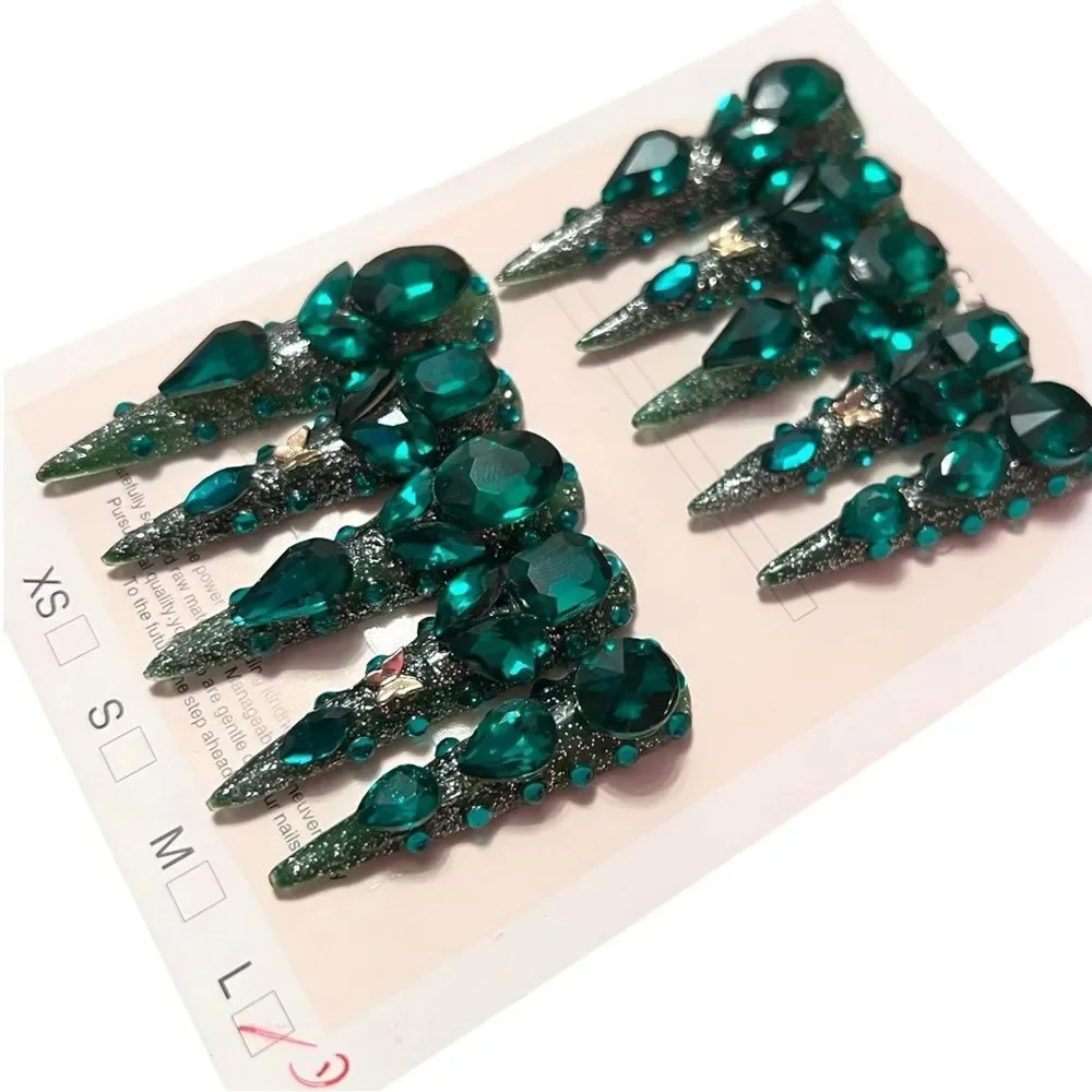 Handmade Emerald Green Gemstone Stiletto Extra Long Press-On Nails Size L
